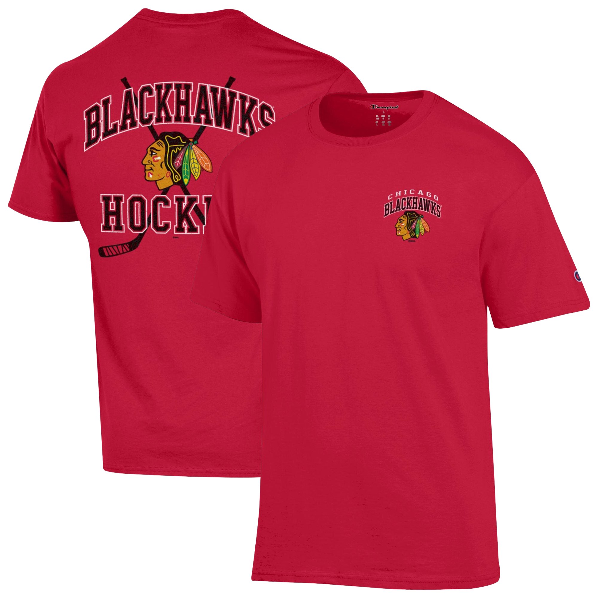 Men's Champion Red Chicago Blackhawks Stick With It Jersey T-Shirt