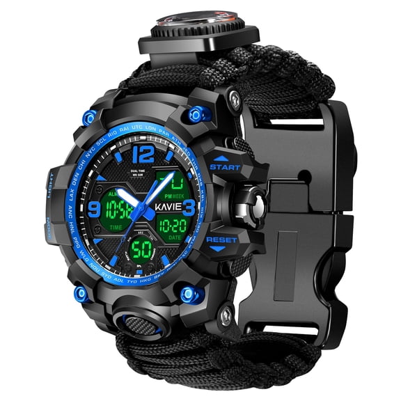 Reloj digital militar de supervivencia 23 en 1, pulsera táctica multifuncional y ajustable para hombre, relojes deportivos azules impermeables para exteriores con brújula y banda de paracord