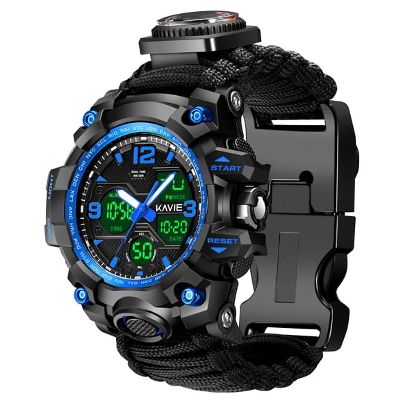 Reloj digital militar de supervivencia 23 en 1, pulsera táctica multifuncional y ajustable para hombre, relojes deportivos azules impermeables para exteriores con brújula y banda de paracord