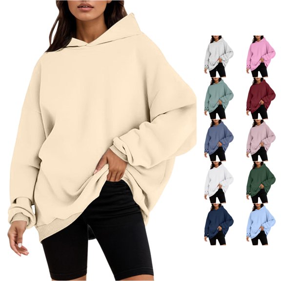 WERYOUNG Oversized Hoodies For Women Long Sleeve Solid Color Hooded Sweatshirts Fall Winter Loose Fit Pullover Hoodies Comfortable Tops L