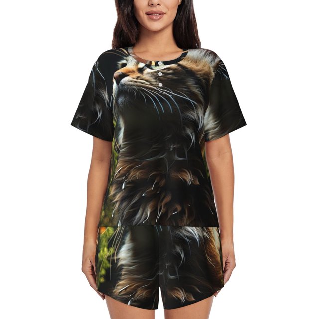 Fotbe Realistic Style Cute Cat Conjunto de Pijama Estampado para Mujer, 2 Piezas, Ropa de Dormir con Camiseta de Manga Corta y Shorts Suaves-4X-Large