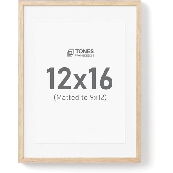 TONES FRAME DESIGN 12x16 Picture Frame with 9x12 Mat, Solid Wood Veneer & Natural Woodgrain Finish Poster Frame, Plexiglass, Showcasing Art Prints, Gallery Wall, Home Décor.