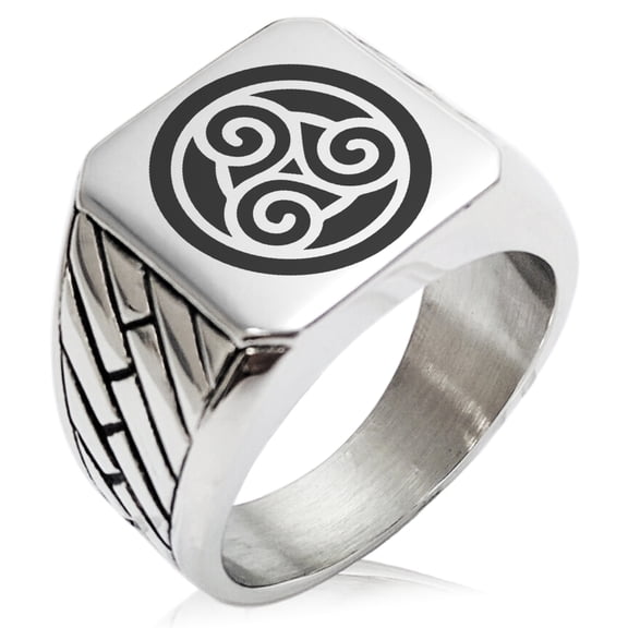 Stainless Steel Celtic Triskele Triskelion Circle Knot Geometric Pattern Biker Style Polished Ring