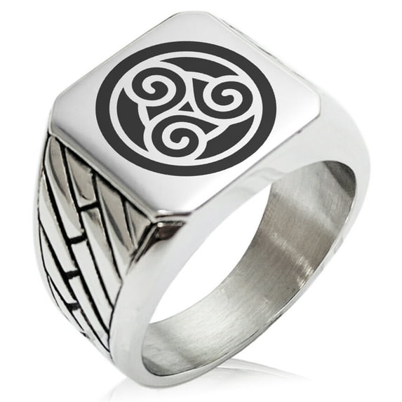 Stainless Steel Celtic Triskele Triskelion Circle Knot Geometric Pattern Biker Style Polished Ring