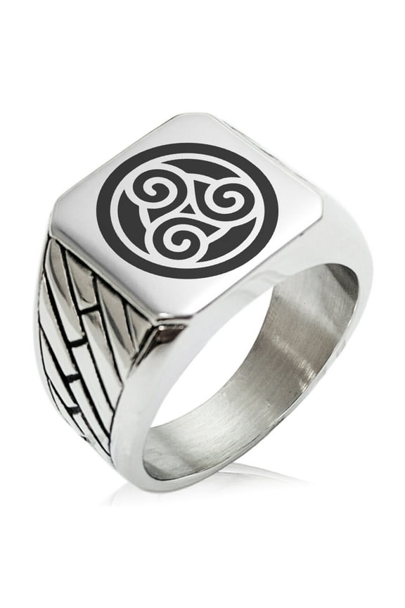 Stainless Steel Celtic Triskele Triskelion Circle Knot Geometric Pattern Biker Style Polished Ring