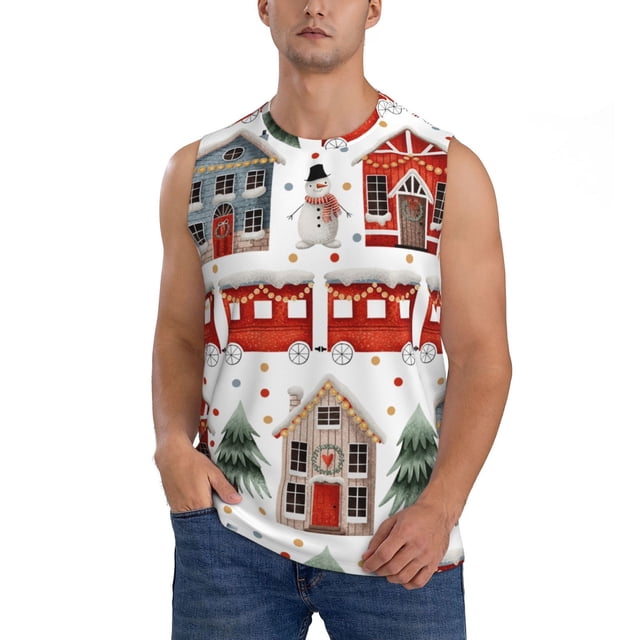 Balery Christmas Houses Camisetas sin mangas para hombre, absorbe la humedad y protege contra el mal olor.-Large