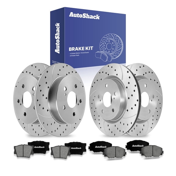 AutoShack Front Vented & Rear Solid Drilled & Slotted Coated Brake Rotor Silver Matte Finish   Premium Ceramic Pad 12-PC Brake Kit Replacement for 2018-2021 Toyota Camry 2023 Toyota Camry TurboGuard