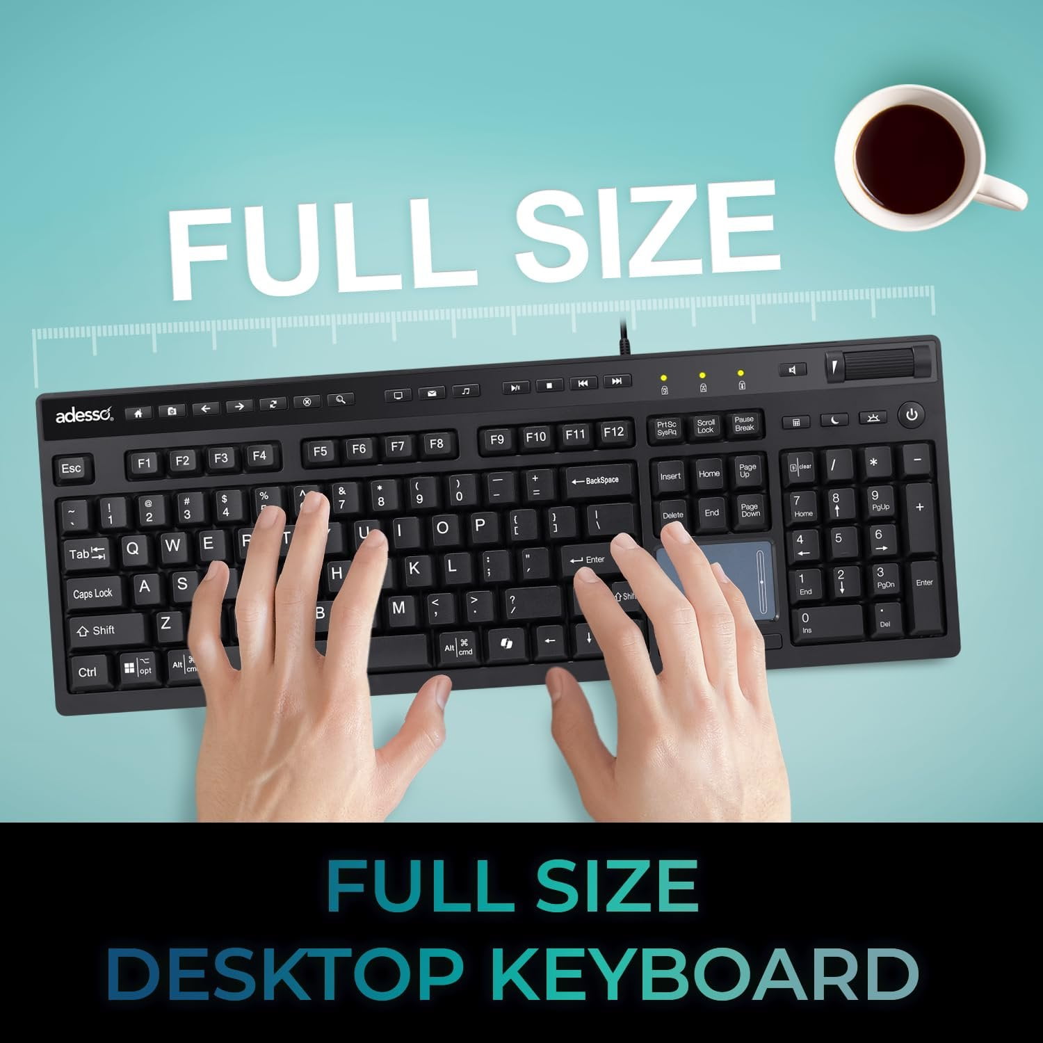 Adesso AKB-445UB Wired Touchpad Keyboard with Multi-OS Compatibility Built-in Touchpad; Multimedia and Internet Hotkeys; 104-Key US Layout; Copilot AI Hotkey for Windows/Mac/Android OS