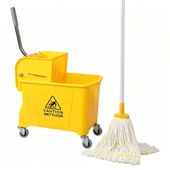 Household Mop Bucket with Wringer, 22 Qt (5.5 Gallon), Handle, Wheels,Floor Cleaning, 15.7" L x 10.6" W x 31" H, Yellow,Add One String Mop