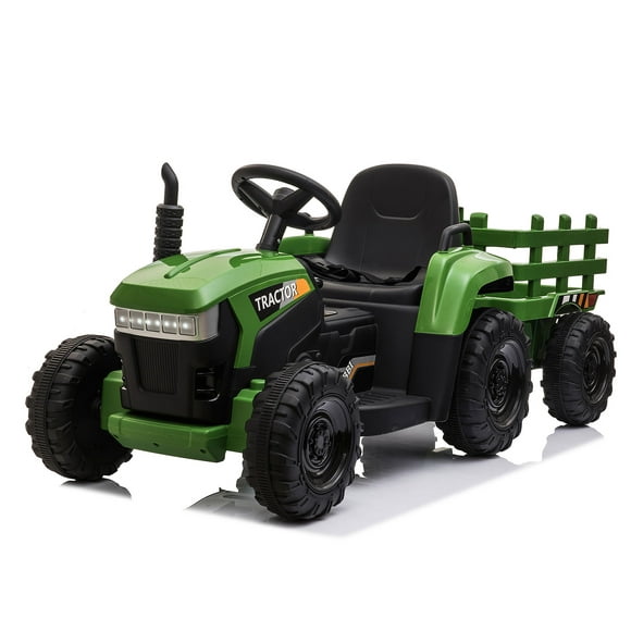 TOBBI 12V Enfants Monter sur Tracteur avec Remorque Électrique Batterie Tour sur Jouet avec Lumières LED, Vert Foncé