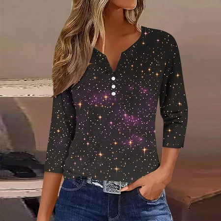 Feancey 50% Percent off Deals Today Womens Henley Tunic Tops Dressy 3/4 Sleeve Sequin Printed T Shirts for Women Button Up V-neck Loose Blouses 2025 Spring Trendy Tee Shirt Black M