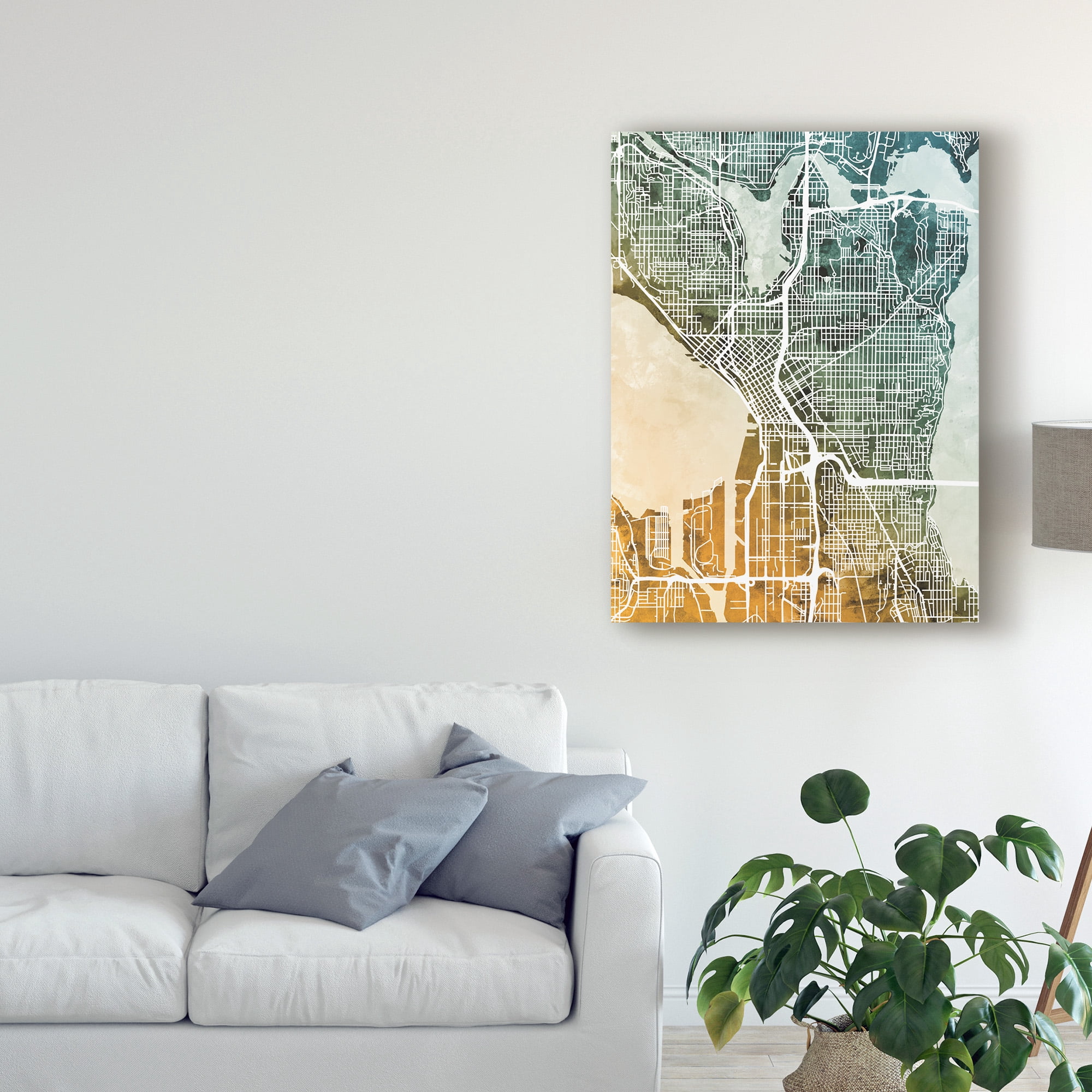 Trademark Fine Art 'Seattle Washington Street Map Teal Orange' Canvas Art by Michael Tompsett