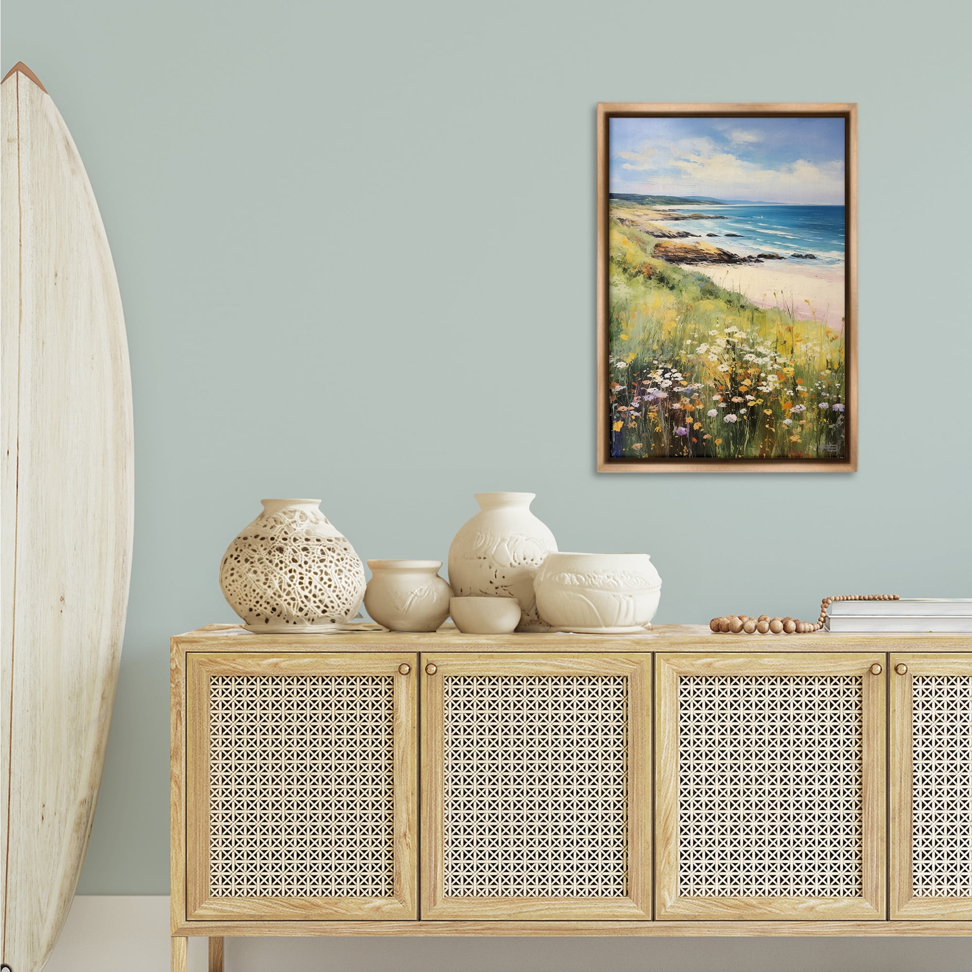 Stupell Industries Meadow Beside Beach Landscape Painting Brown Floater Framed Canvas Art Print Wall Art, 21 x 31