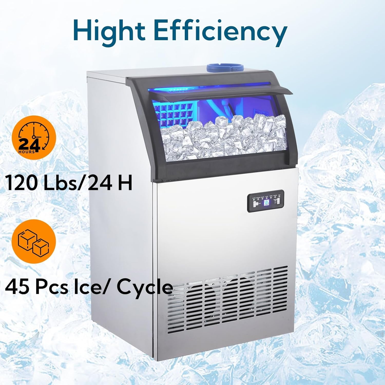 Commercial Ice Maker--100 Lbs/24H, Stainless Steel Freestanding Under Counter Ice Machine with 33 Lbs Ice Storage, 2 Water Inlet Modes, for Bar Home Office Restaurant RV