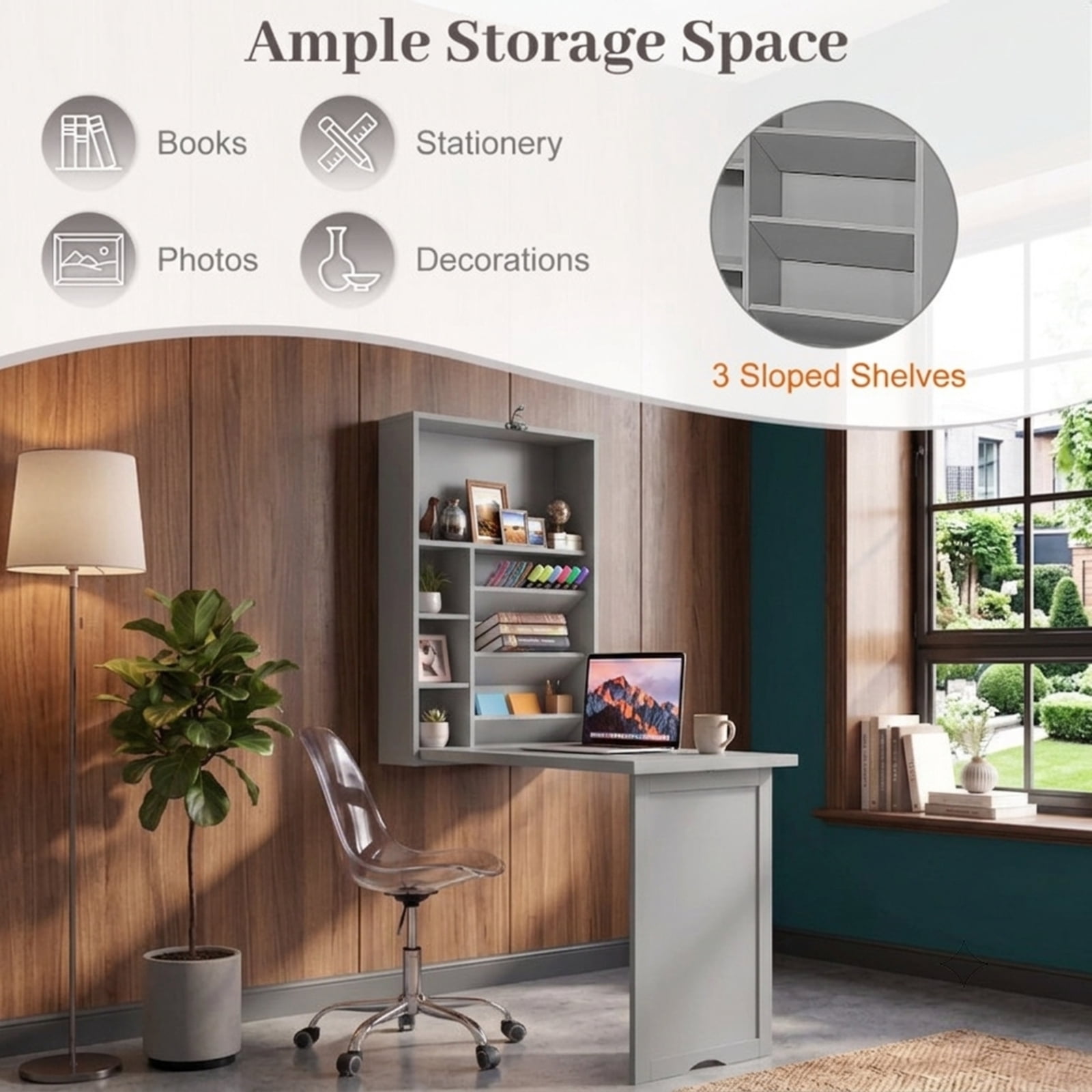 Furnibear Wall Mounted Fold Out Convertible Floating Desk Space Saver with Shelves for Small Spaces Home Office Study, Gray
