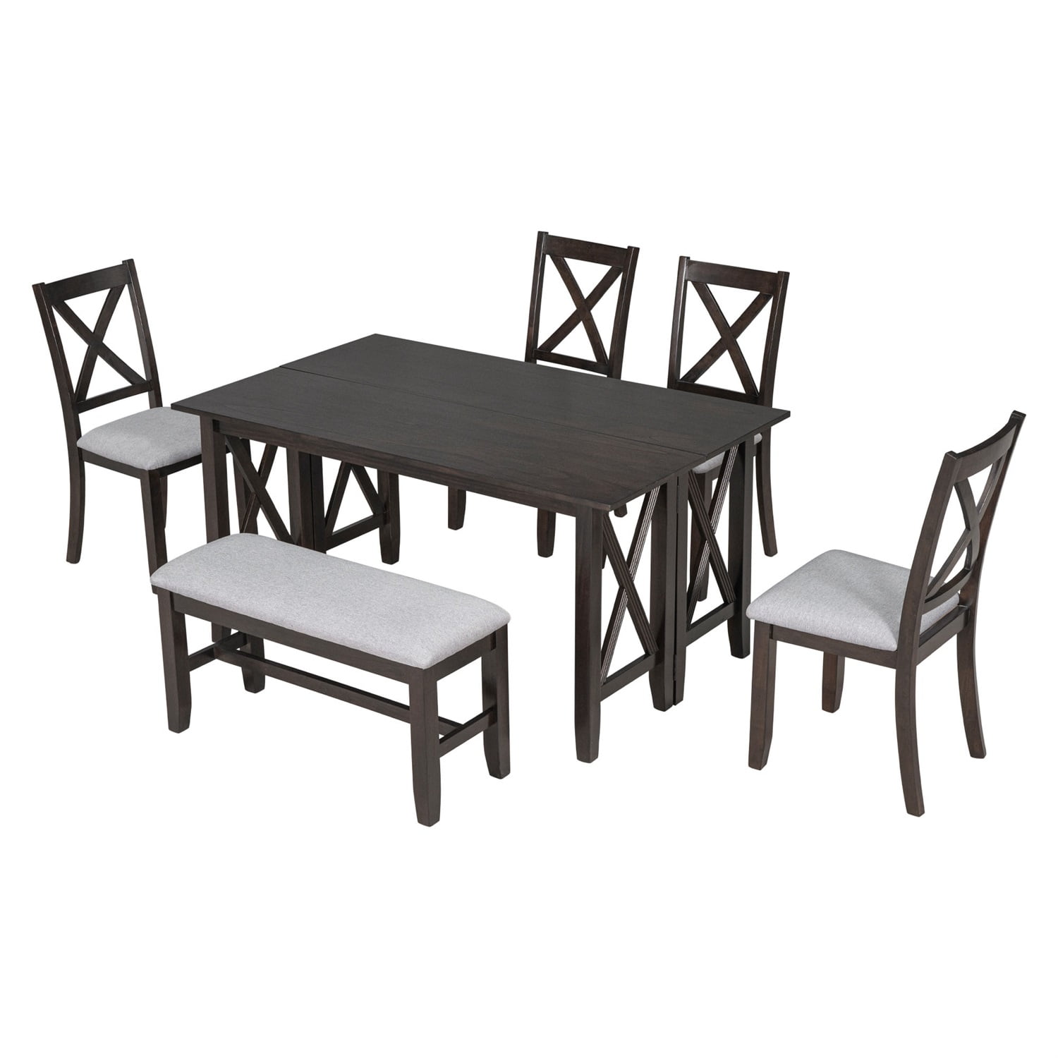 Kadyn Dining Table Set for 6, Living Room Table Set with Foldable Table and 4 Chairs with Bench, 6-piece Family Dining Room Set for Dining Room, Espresso Kadyn Dining Table Set for 6, Living Room Table Set with Foldable Table and 4 Chairs with Bench, 6-piece Family Dining Room Set for Dining Room, Espresso