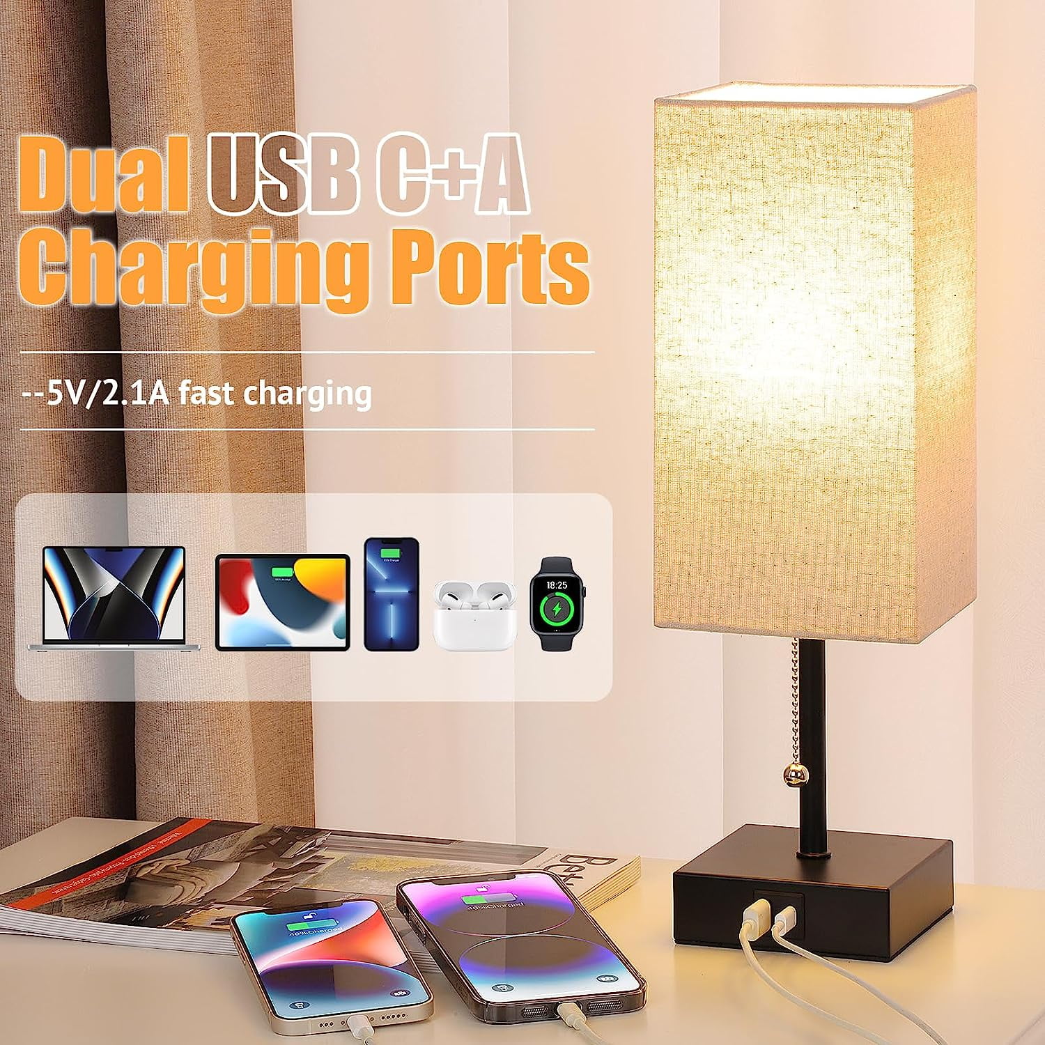 Bedside Table Lamp,Pull Chain Table Lamp with 2 USB Charging Ports, 2700K LED Bulb with Fabric Lampshade, Nightstand Lamps for Bedroom Living Room Study Dorm Home Office (LED Bulb Included),Gray