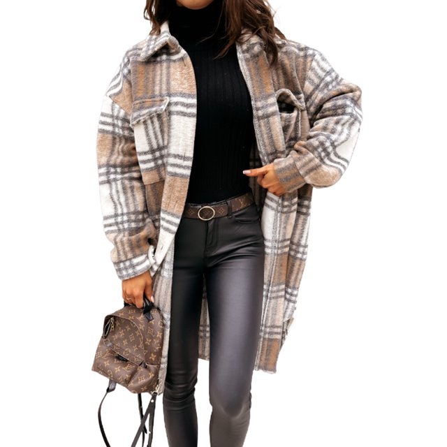 Chaqueta de cuadros de las mujeres de manga larga de la solapa con botones Camisas mezcla de lana Abrigo Casual Tops Outwear(Camello-L) Nituyy abrigo