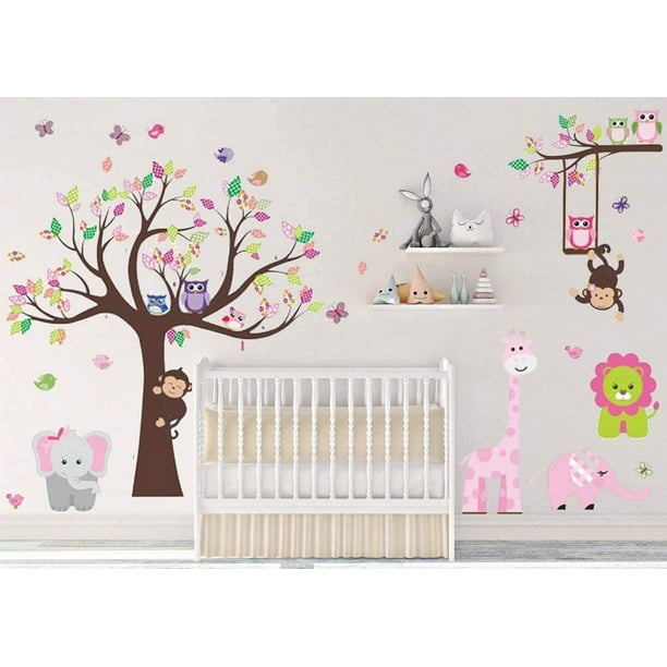 Kids Pink Jungle Theme Peel Stick Girl Nursery Wall Decal Colorful Owl Giraffe Lion Tree Decorative Sticker for Baby Bedroom Playroom Mural Walmart