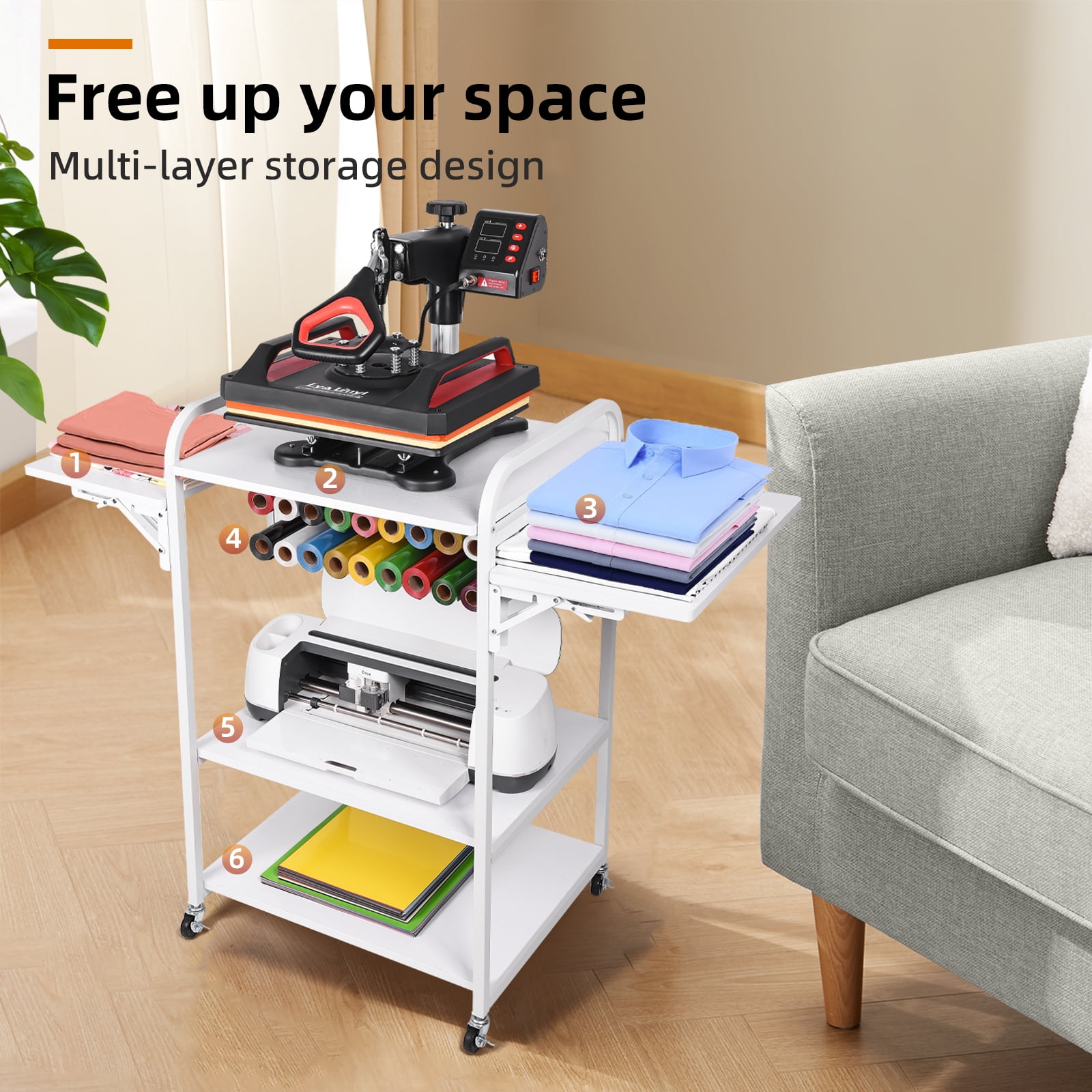 Lya Vinyl Heat Press Table 3 Tier Movable with Folding Shelf - Heat Press Stand for Cricut with Vinyl Roll Holders, for all Cutting Machines.