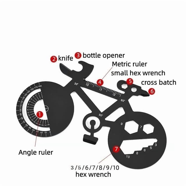 Multiherramienta para bicicletas 16 en 1 de acero inoxidable – Destornilladores compactos con forma de bicicleta, llaves hexagonales, regla, abrebotellas, transportador, regalo duradero de bolsillo