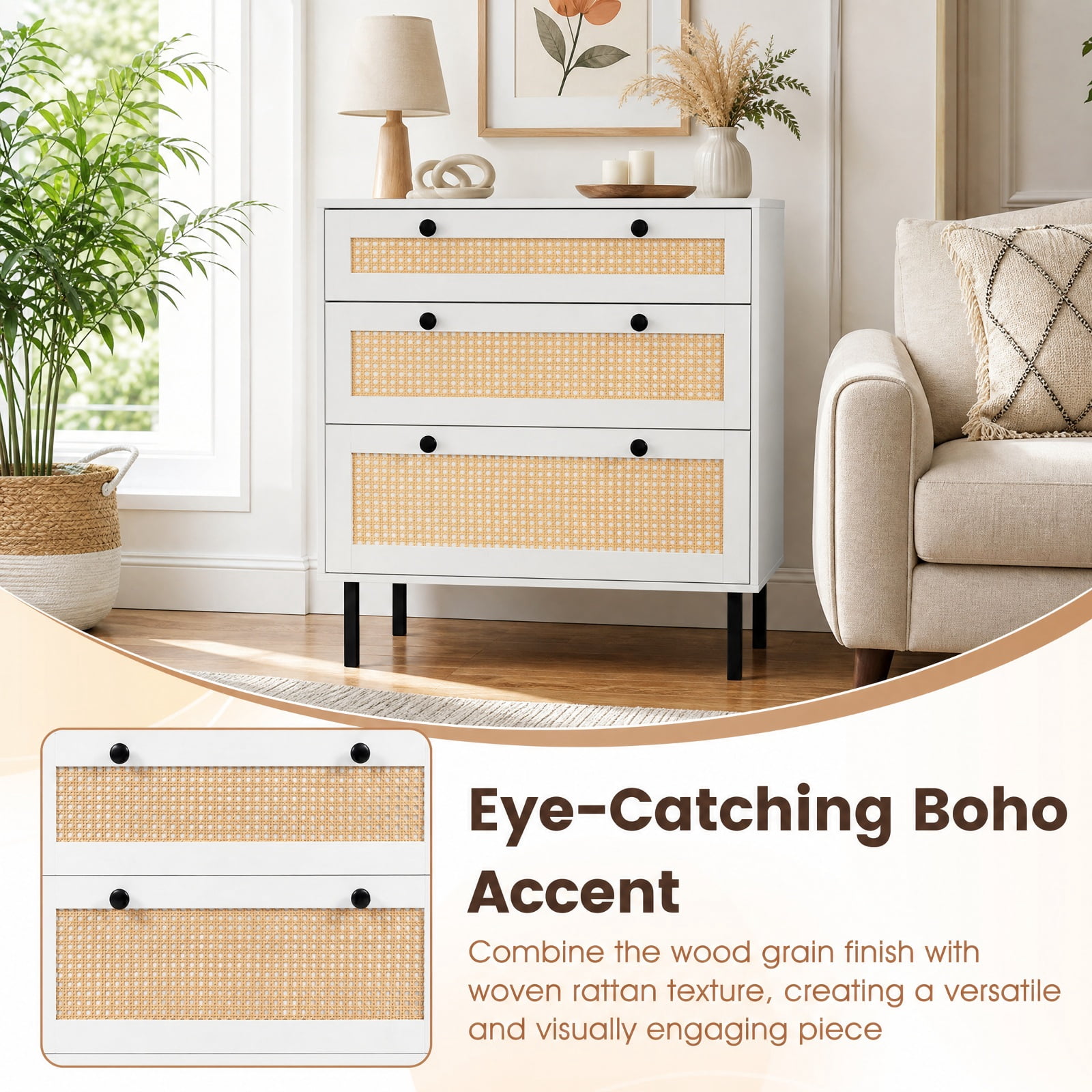 Furnibear 3-Drawer Rattan Nightstand Boho Chest of Drawers for Bedroom for Bedroom Closet Living Room Nursery Clothes Storage, White