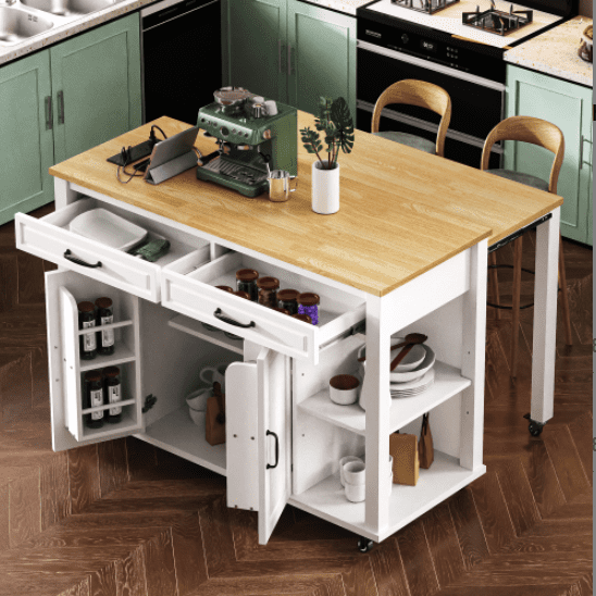 Euroco 47 inch Kitchen Island with Extendable Dining Table, Rubber Wood Veneer Kitchen Table with Internal Storage Rack