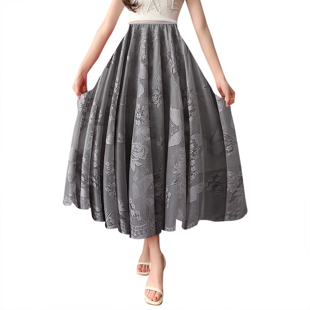Gibobby faldas de mezclilla para mujer Vestido de falda larga de playa con cintura elástica plisada de una línea de columpio fluido de verano para mujer(Gris, Talla única)