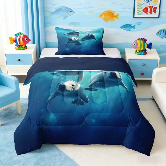 Manfei Underwater Manatee Twin Comforter Sets for Kids Boys and Girls, Ocean Animal Bedding Set, Navy Reversible 2 Pieces, 1 Comforter and 1 Pillowcase