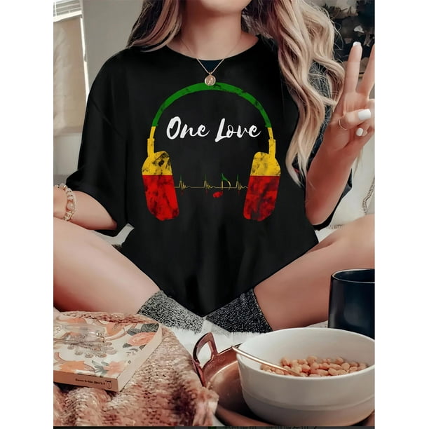 Camiseta de Mujer de Verano Suave1pc Women'S Casual Crew Neck T-Shirt with Geometric-Patterned Headphones and "One Love" Print, Polyester Knit Fabric, Medium Stretch, All-Season Comfort FitFather's