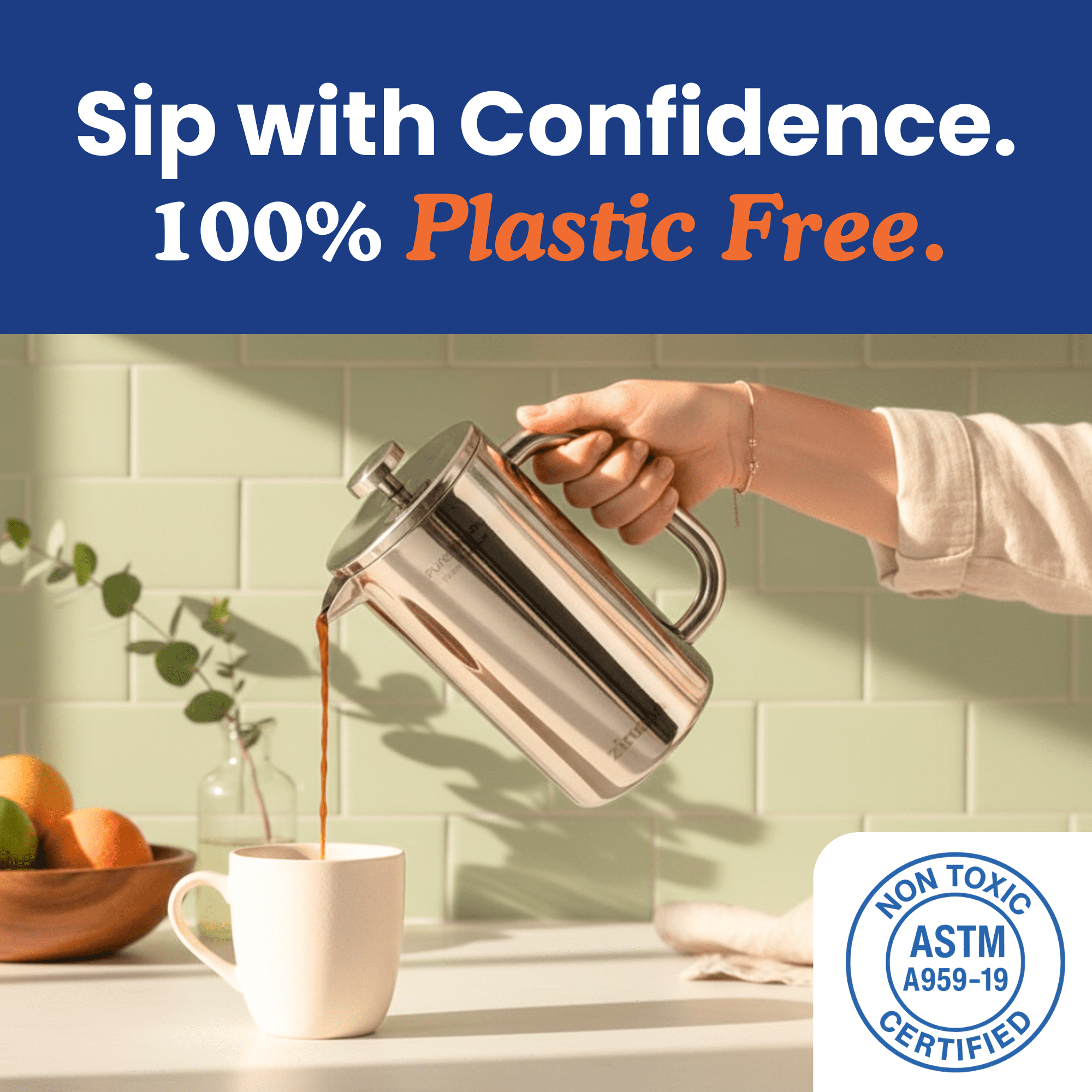 Ziruma French Press Coffee Maker: Non-Toxic Surgical 316 Stainless Steel, Plastic-Free, 34 Oz