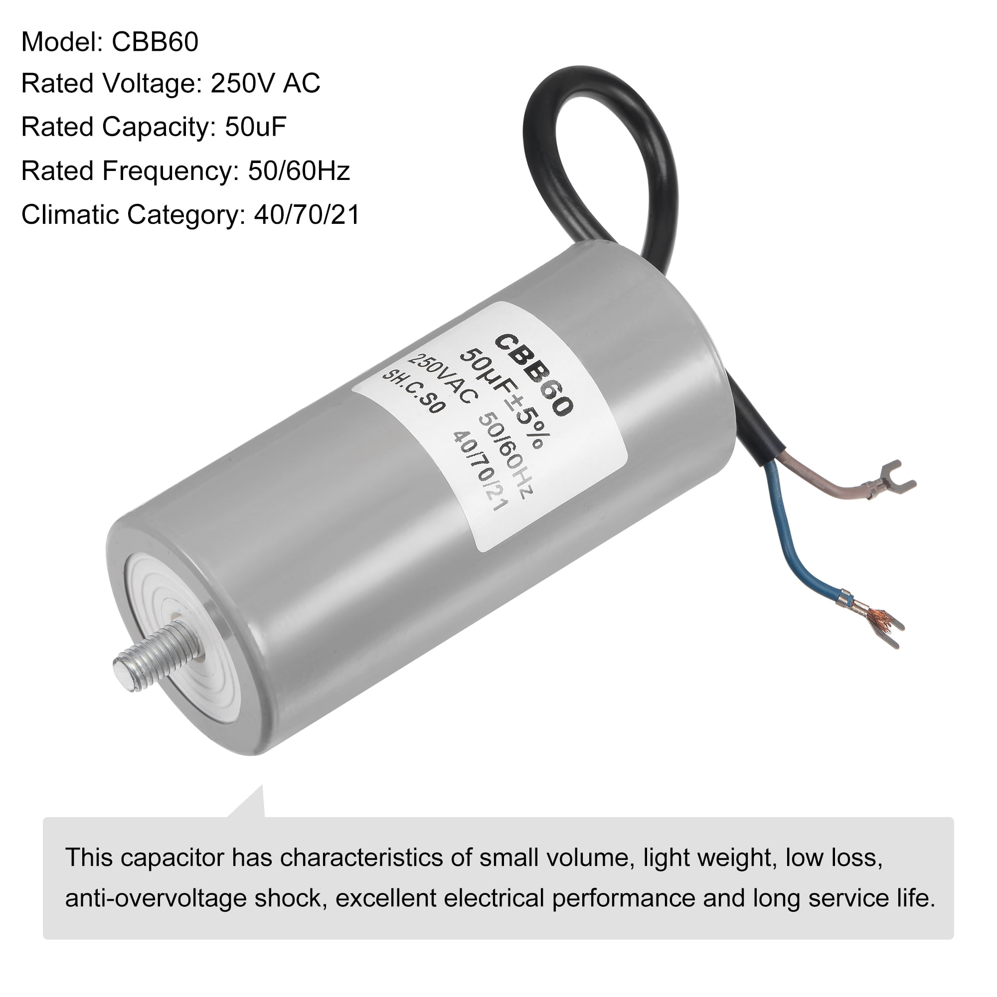 Uxcell 50uF 250V AC 50/60Hz 2 Wires w Fixing Stud, Terminal CBB60 Run Capacitor