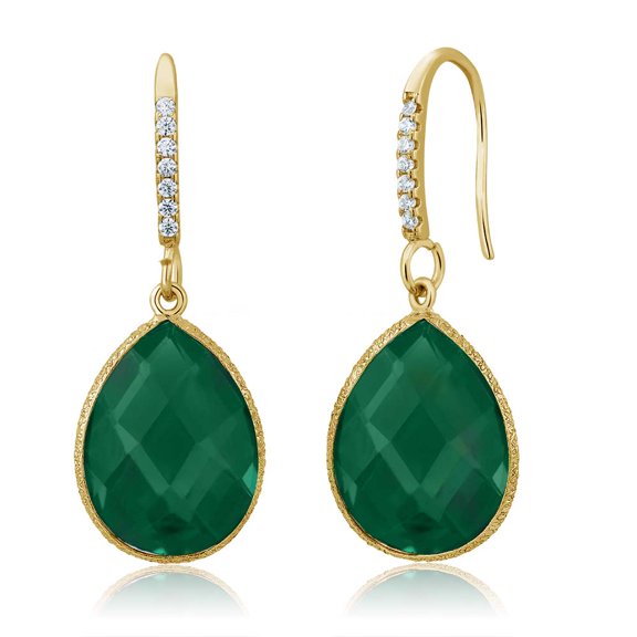 Gem Stone King 13.00 Cttw Green Onyx 16X12MM Pear Shape 18K Yellow Gold Plated Silver Dangle Earrings for Women