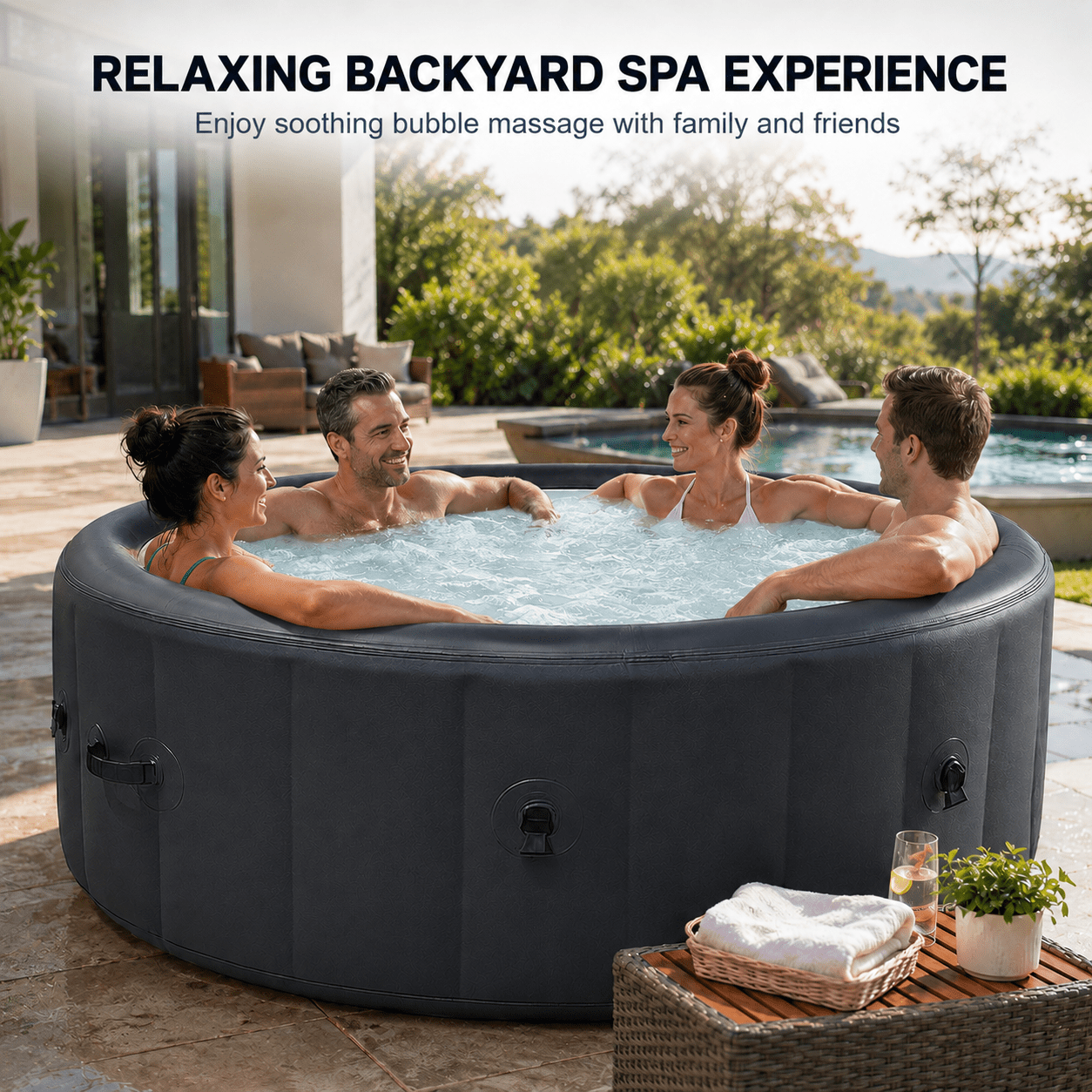 85" Inflatable Hot Tub for 4-6 Persons, Portable Outdoor Spa Tub with 150+ Air Jets, 104°F Heating, 6-Color Ambient LED Lights, Bubble Massage, One-Touch Inflation, Filter System, Cover & Floor Mat