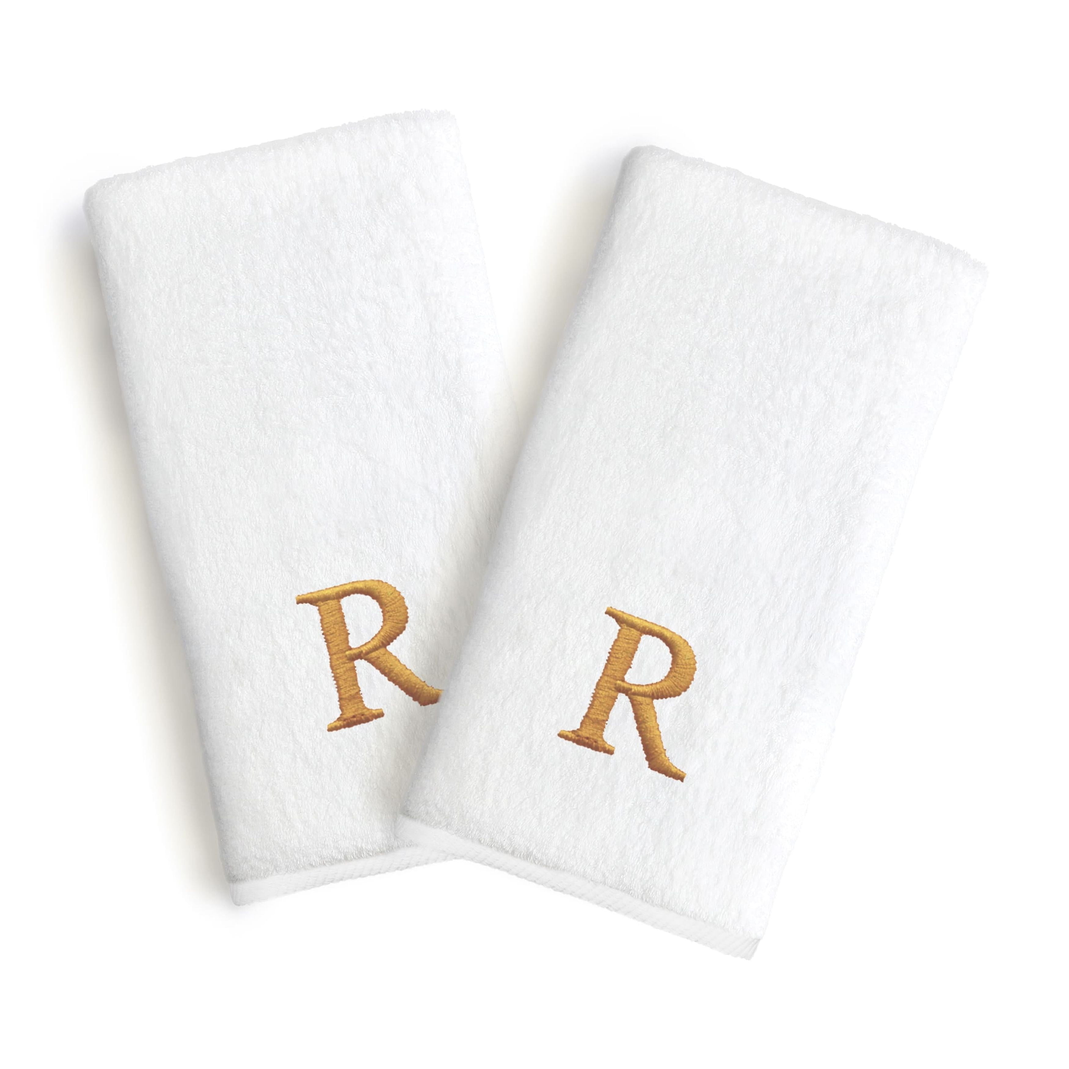 Authentic Hotel and Spa  2-piece White Turkish Cotton Hand Towels with Gold Block Monogrammed Initial White/C