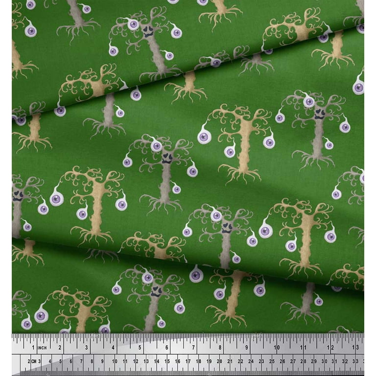 Soimoi Green Japan Crepe Satin Fabric Eyes & Artistic Tree Printed Craft  Fabric by the Yard 42 Inch Wide 