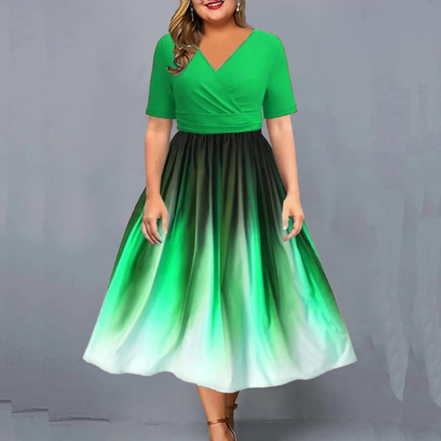 SMihono Robe Bohème d'Été pour Femmes Grande Taille Robe d'Été pour Femmes Décontractée Col Rond Dégradé Imprimé Manches Courtes Robe de Plage Robe de Fête