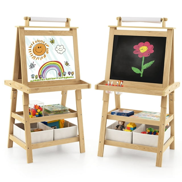 Gymax Chevalet Artistique pour Enfants Double Face Tableau Noir Magnétique Tableau Blanc avec Plateau de Rangement Rose Naturel