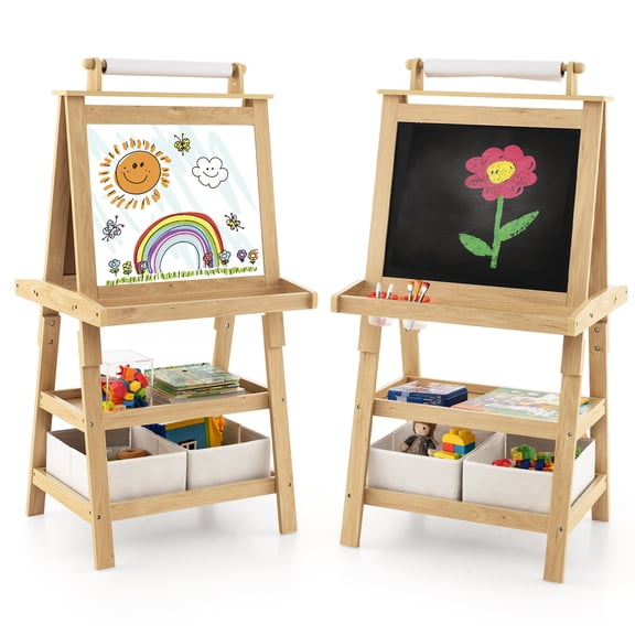 Gymax Kids Art Easel Double Sided Chalkboard Magnetic Whiteboard w/ Storage Tray Pink Natural