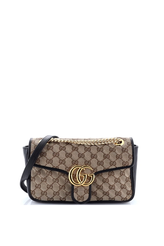 Pre-Owned Gucci GG Marmont Flap Bag Diagonal Quilted GG Canvas with Leather Small By Rebag