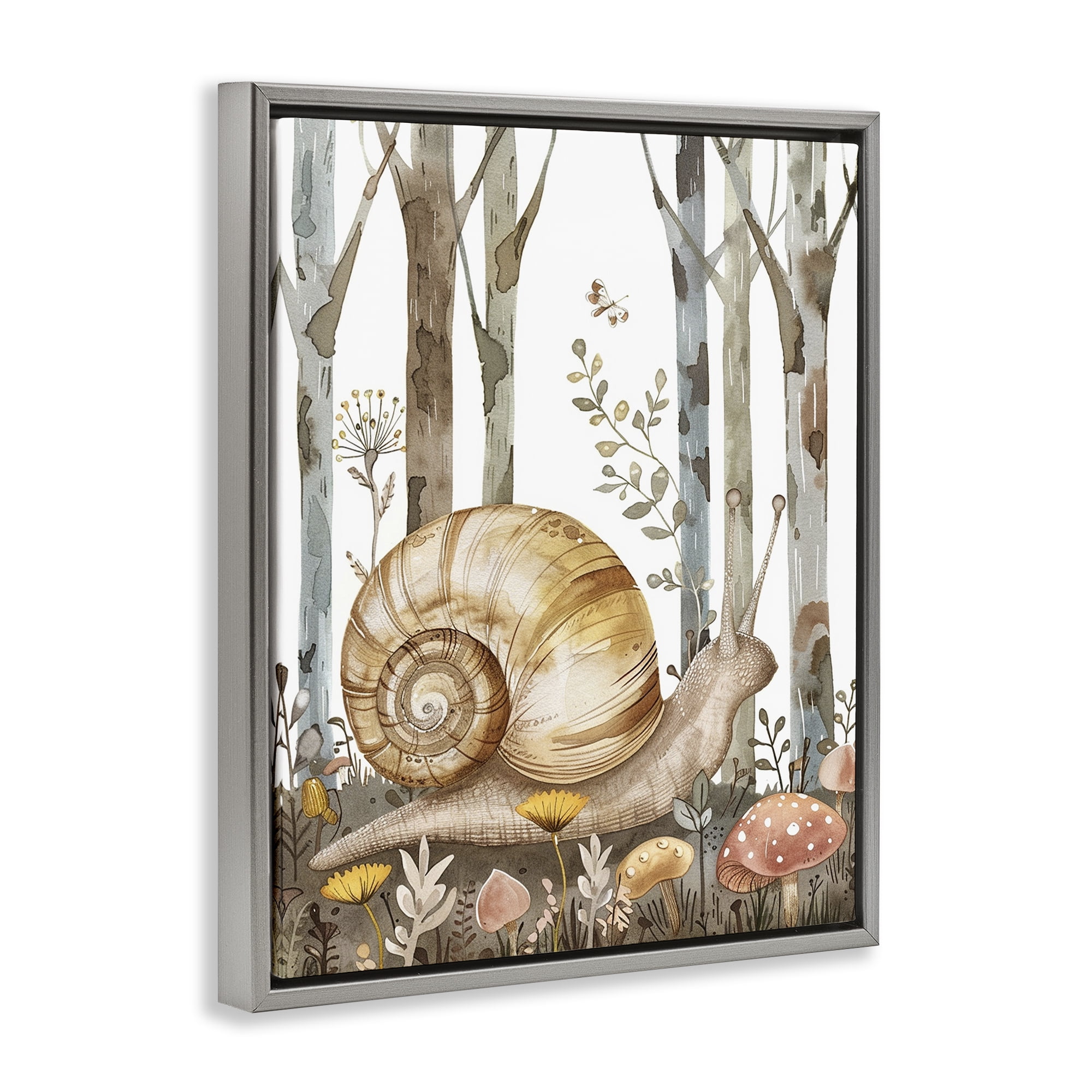 Stupell Industries Woodland Snail Nature Landscape & Nature Painting Gray Floater Framed Canvas Art Print Wall Art, 17 x 21
