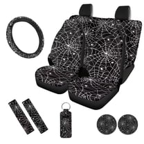 Uorisanigo Halloween Spider Web 10 Pack Auto Seat Cover Sets with Car Seat Belt Cover Cars Water Cup Coaster Auto Steering Wheel Cover Chapstick Holder Elastic Soft Auto Interior Fit Car SUV