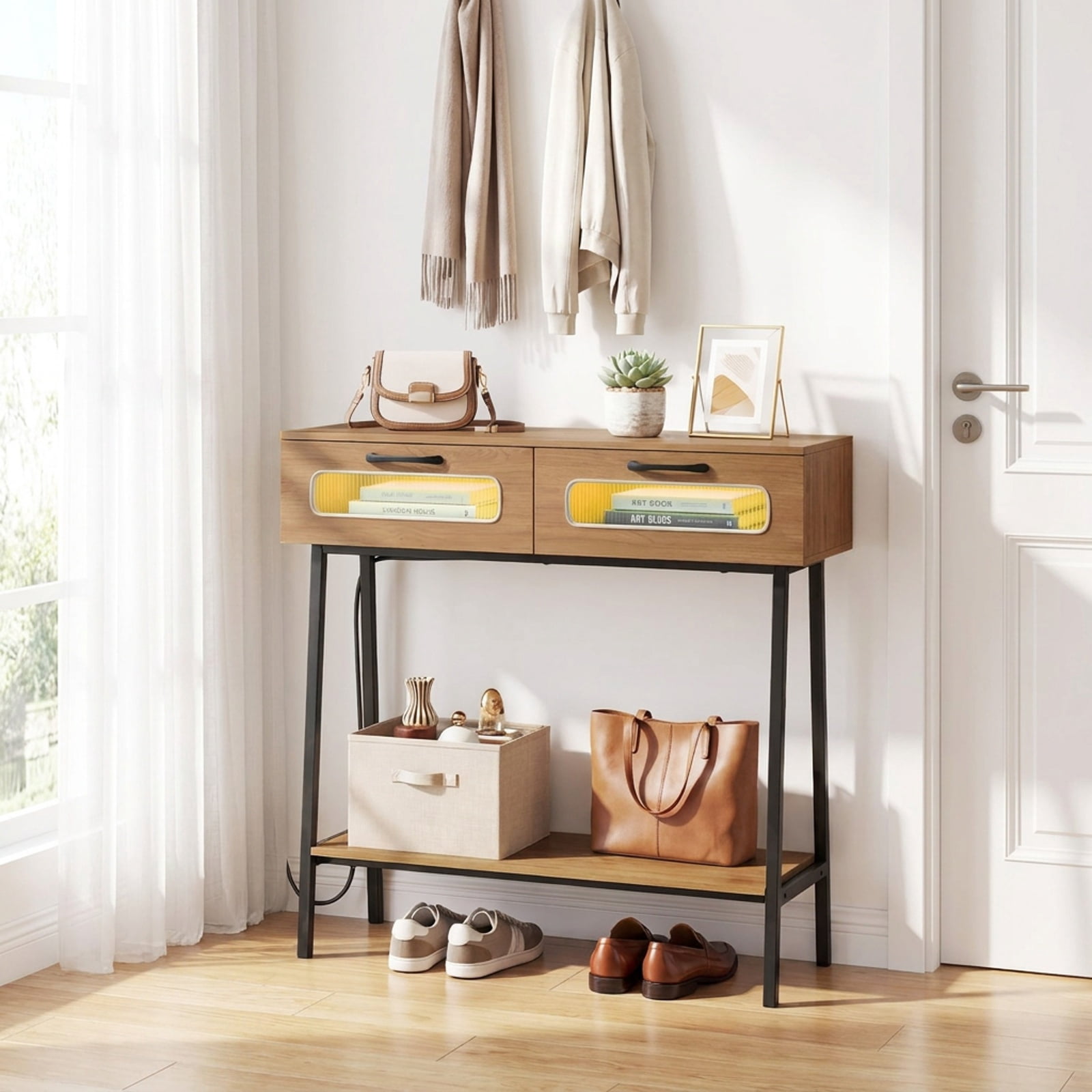 Furnibear Console Table with LED Lights and Open Shelf Entryway Table with 2 Drawers for Living Room Hallway Entrance Sofa, Natural