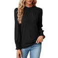 thumbnail image 3 of QAFOPEH Women's Pleated Mock Neck Long Sleeve Keyhole Back Office Blouse Tops, 3 of 7