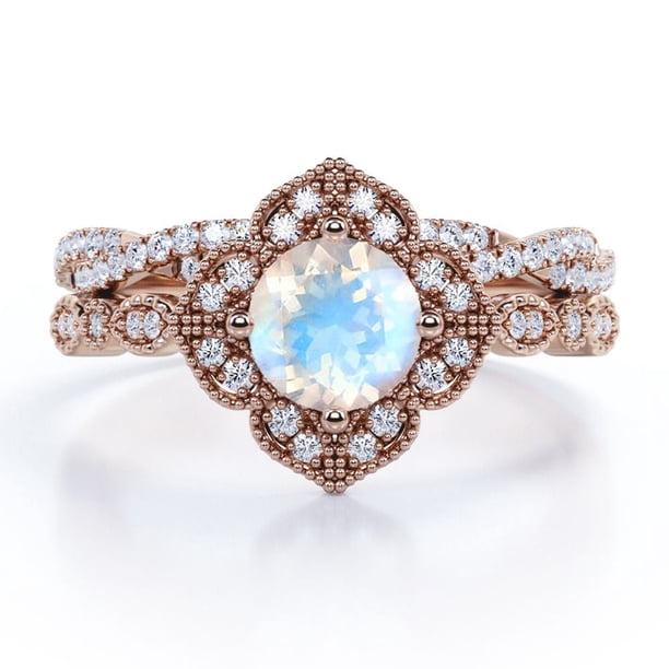 JeenMata Anillo Nupcial con Pavé Cruzado de Moissanita y Piedra Lunar Arcoíris de Forma Redonda de 1,75 Quilates con Diseño Floral Milgrain Estilo Art Déco en Baño de Oro Rosa de 18 K sobre Plata