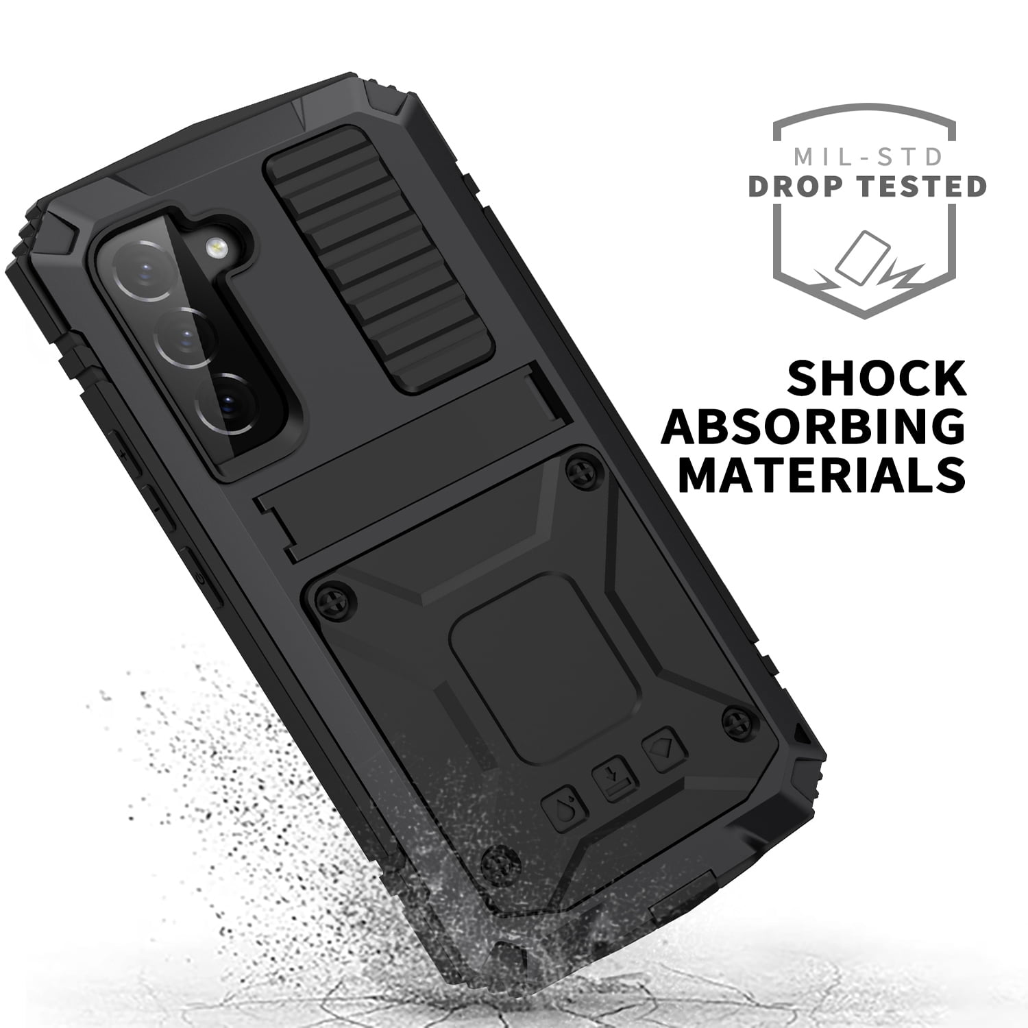 Samsung S21 FE Rugged Full-Body Case, Metal Bumper Built-in Screen Protector&Kickstand,Dustproof Drop-Proof,Full Body Protection Heavy Duty Rugged Military Cover For Samsung Galaxy S21 FE, Black