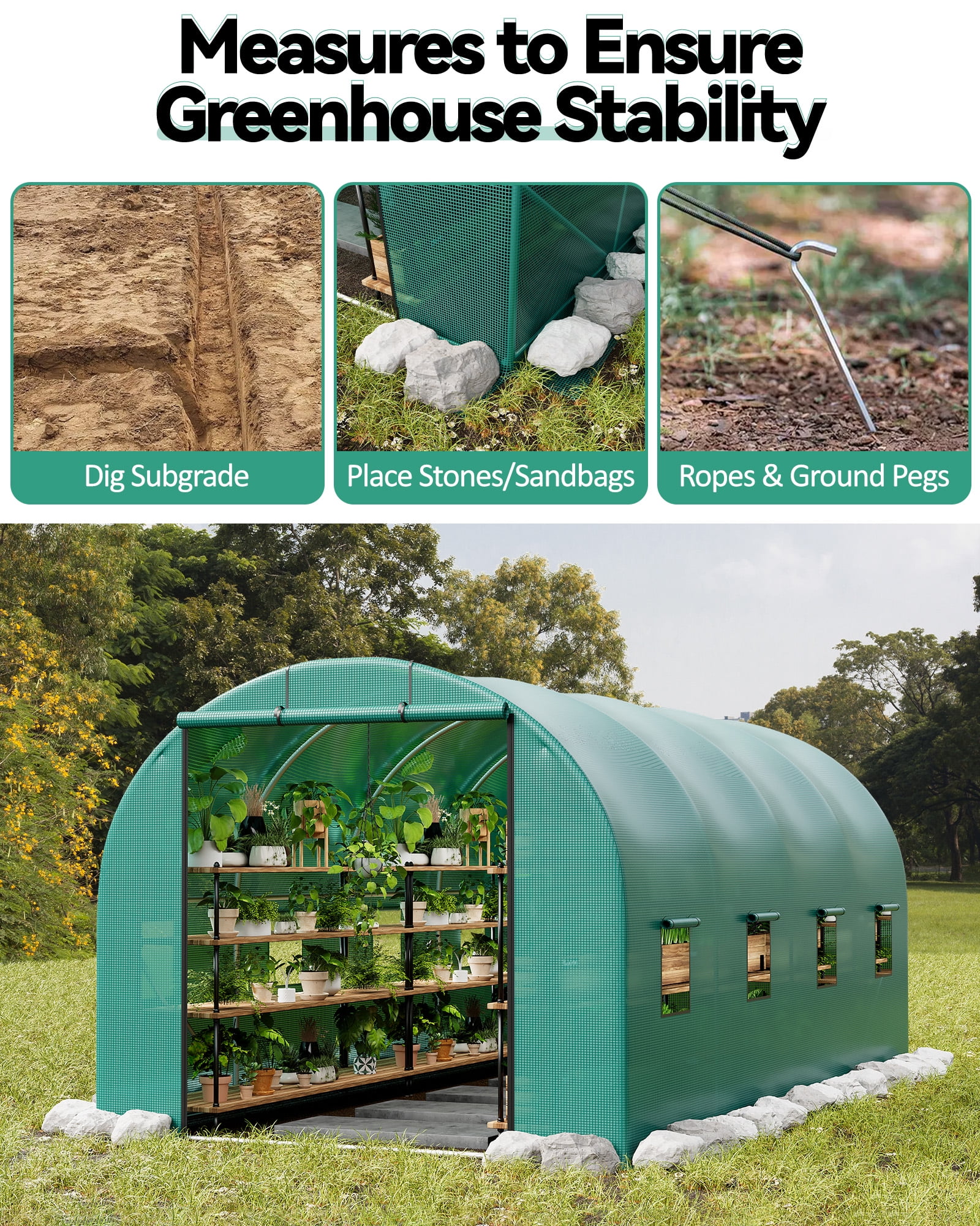 Walk-In Tunnel Greenhouse 15×7×7 FT – Heavy Duty Outdoor Greenhouse with Galvanized Steel Frame, Thick PE Mesh Cover, 8 Roll-Up Mesh Windows & Zipper Door for Backyard Gardening