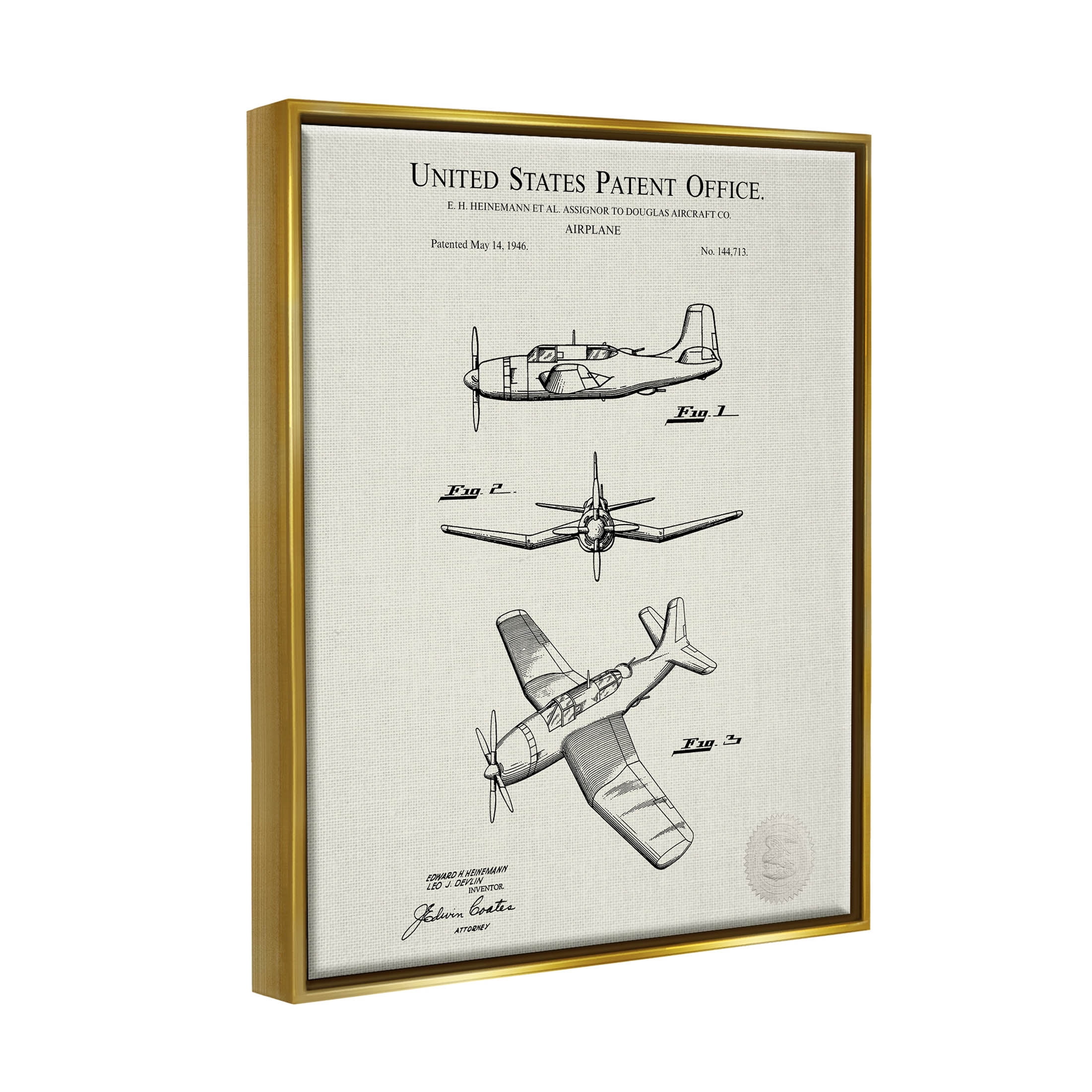 Stupell Industries Detailed Plane Aircraft Chart Graphic Art Metallic Gold Floating Framed Canvas Print Wall Art, Design by Karl Hronek
