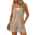 thumbnail image 2 of BODOAO Women's Casual Summer Romper V Neck Sleeveless Spaghetti Strap Loose Short Jumpsuit with Pockets, Easy Beach Vacation Travel Outfit for Daily, Resort and Brunch Wear Beige L, 2 of 5