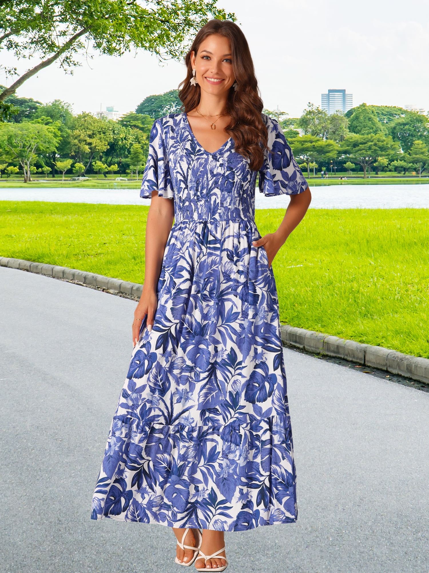 DARING DIVA Short Flutter Sleeve Smocked Flowy Maxi Dres S Dark Blue